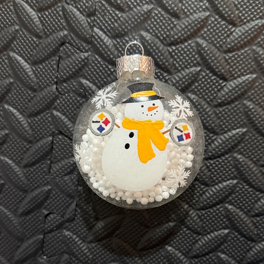 Steelers Festive Snowman Ornament with fake snow